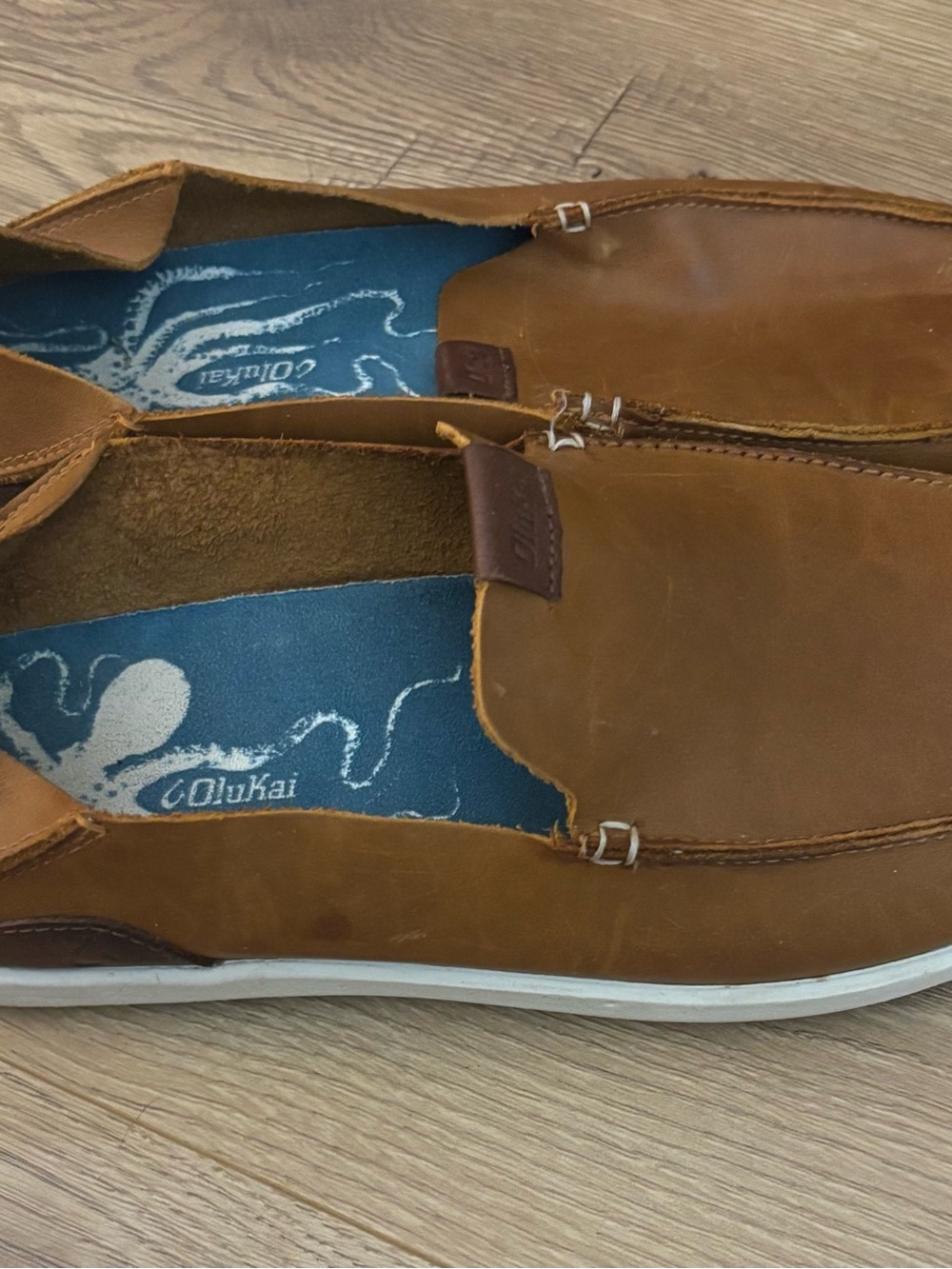 OluKai Brown Leather Slip-On Loafers with Blue Insole